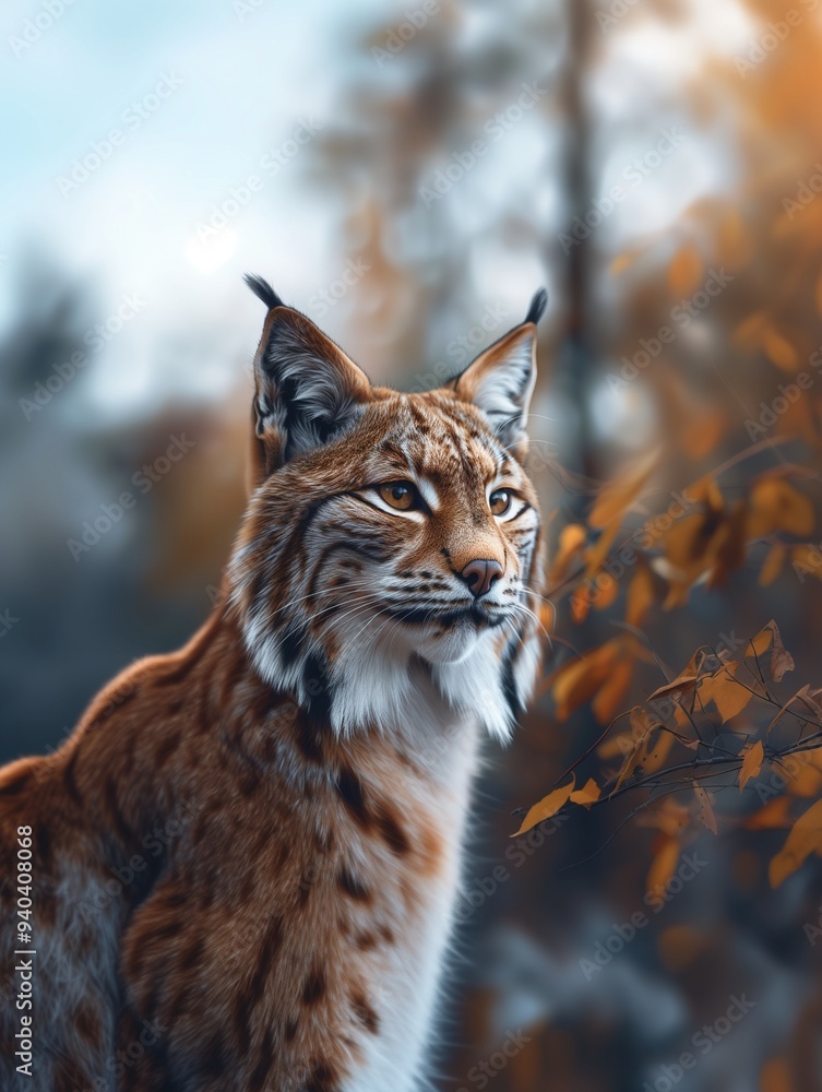 Canada Lynx, Lynx canadensis, close up with warm tones in a temperate forest Canada Lynx, Lynx canadensis, close up with warm tones in a temperate forest