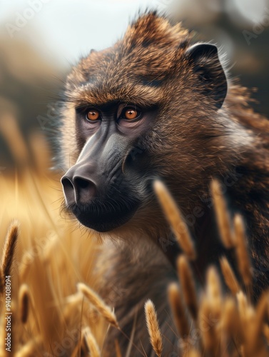 Detailed Close Up of an Olive Baboon, Papio anubis, in the Wild