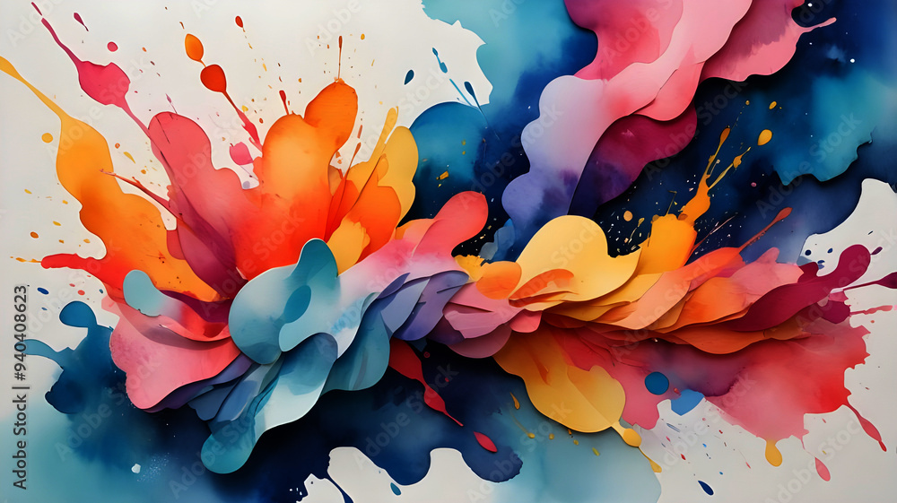 A vibrant abstract watercolor painting on textured paper, featuring bold, fluid brushstrokes and splashes of vivid colors A vibrant abstract watercolor painting on textured paper, featuring bold, fluid brushstrokes and splashes of vivid colors
