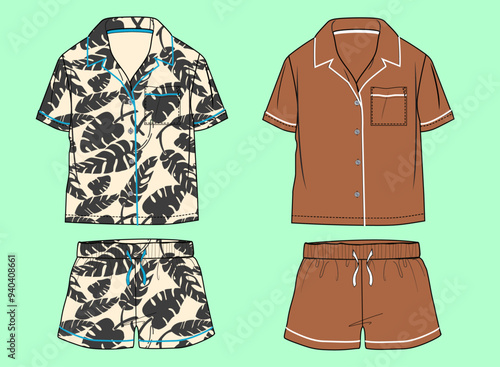 summer palm tree pattern boys nightwear revere collar shirt and shorts flat sketch outline vector fashion illustration template.