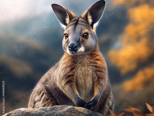 Detailed close up of Yellow footed Rock Wallaby, Petrogale xanthopus, in a rocky habitat photo