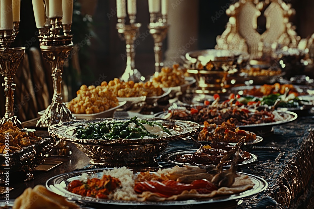A luxurious dining table set with a variety of foods, with silver candlesticks and ornate tableware. A luxurious dining table set with a variety of foods, with silver candlesticks and ornate tableware.