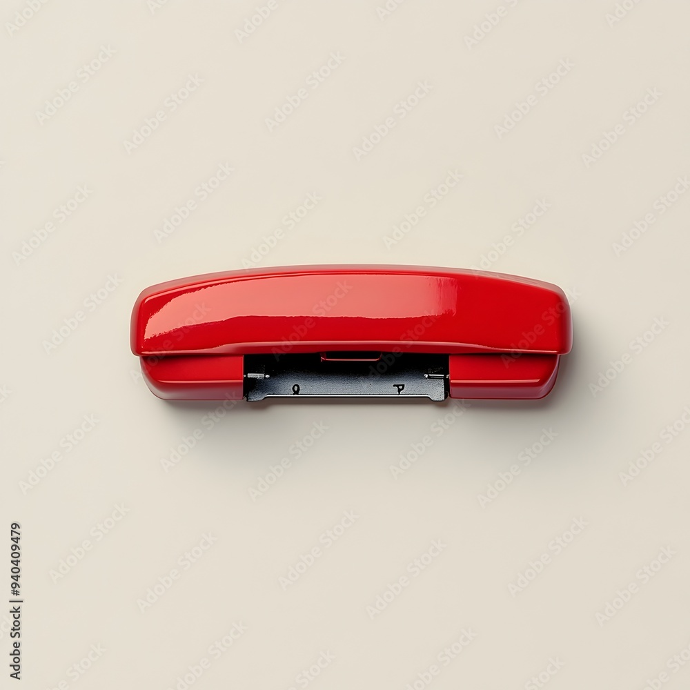 Closeup of a vibrant red stapler lying flat at the center of a plain simple background perfect for business office and administrative concepts and design elements Closeup of a vibrant red stapler lying flat at the center of a plain simple background perfect for business office and administrative concepts and design elements