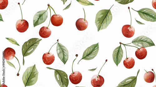 Sweet Summer Watercolor: A cheerful & vibrant pattern of juicy cherries & lush leaves, perfect for adding a touch of fruity whimsy to your designs. 