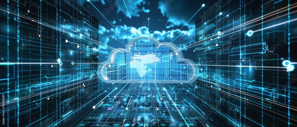 Obraz premium Futuristic Hologram of Dynamic Data in Cloud Services