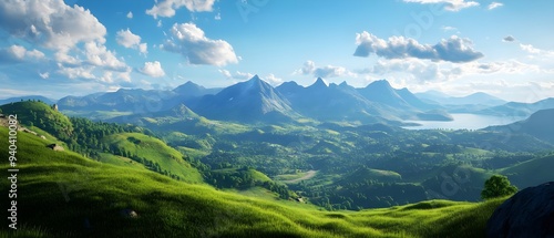 Stunning landscape featuring rolling hills, majestic mountains, and a serene lake under a bright blue sky with fluffy clouds.