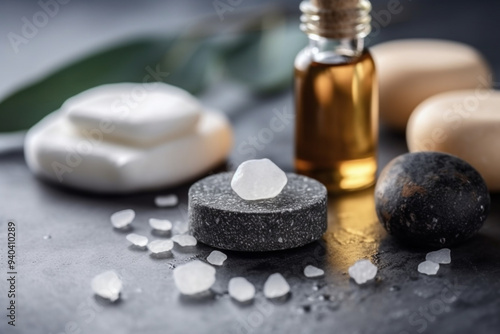 A Spa Stone Beauty Treatment with Essential Oils and sea salts. generative ai.