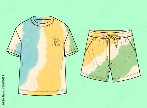 Boys round neck tie dye summer wash t-shirt and shorts flat sketch outline vector fashion illustration template.