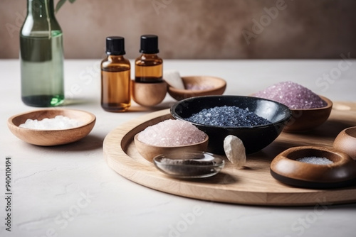 A Spa Stone Beauty Treatment with Essential Oils and sea salts. generative ai.