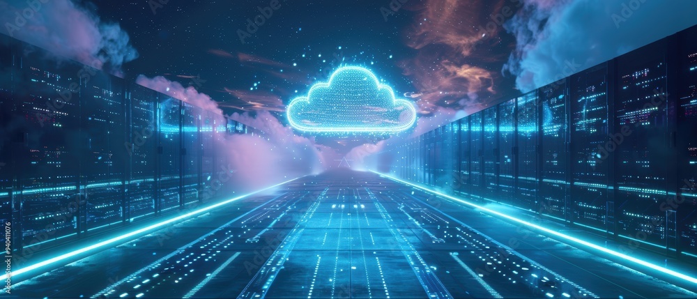 Futuristic Hologram Displaying Real-Time Data in Cloud Computing Network Futuristic Hologram Displaying Real-Time Data in Cloud Computing Network