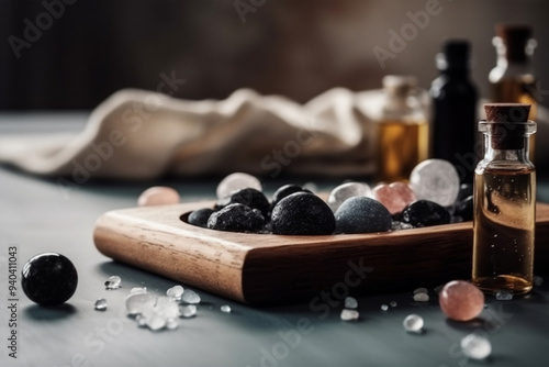 A Spa Stone Beauty Treatment with Essential Oils and sea salts. generative ai.