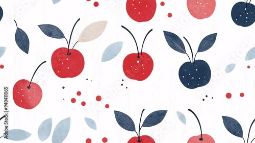 Cherrylicious Watercolor Pattern: A whimsical and delightful seamless pattern featuring charming hand-painted cherries in vibrant red and blue, accented with delicate watercolor leaves and dots. 