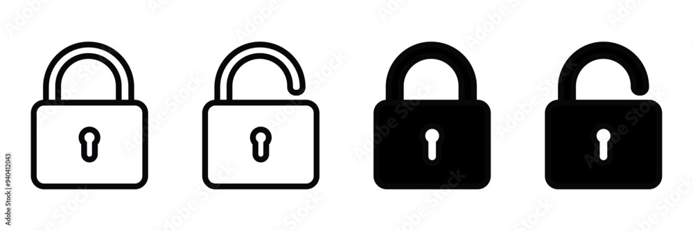 Icon set Lock model flat and line, with white background. Icon set Lock model flat and line, with white background.