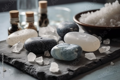 A Spa Stone Beauty Treatment with Essential Oils and sea salts. generative ai.