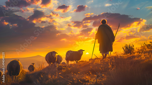 A shepherd stands on a hillside, watching over a flock of sheep as the sun sets behind dramatic clouds, capturing the peaceful essence of rural life in golden light.