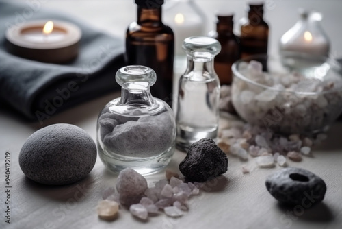 A Spa Stone Beauty Treatment with Essential Oils and sea salts. generative ai.