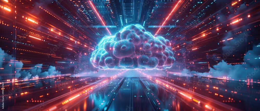 Obraz premium Futuristic Hologram of Cloud Computing Network in Vibrant