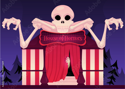 Vector illustration of entrance to horror house with skeleton.