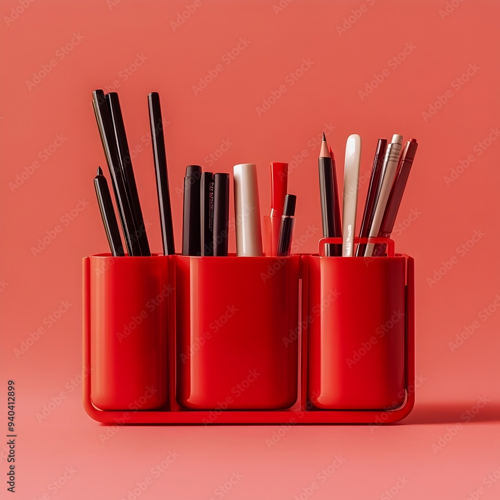 Sophisticated Red Desk Organizer Placed Centrally on a Plain Background Ideal for Organizing Office Supplies and Enhancing Productivity in Home or Corporate Workspaces Sophisticated Red Desk Organizer Placed Centrally on a Plain Background Ideal for Organizing Office Supplies and Enhancing Productivity in Home or Corporate Workspaces