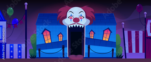 Vector illustration of a horror house entrance decorated as a scary clown mouth.
