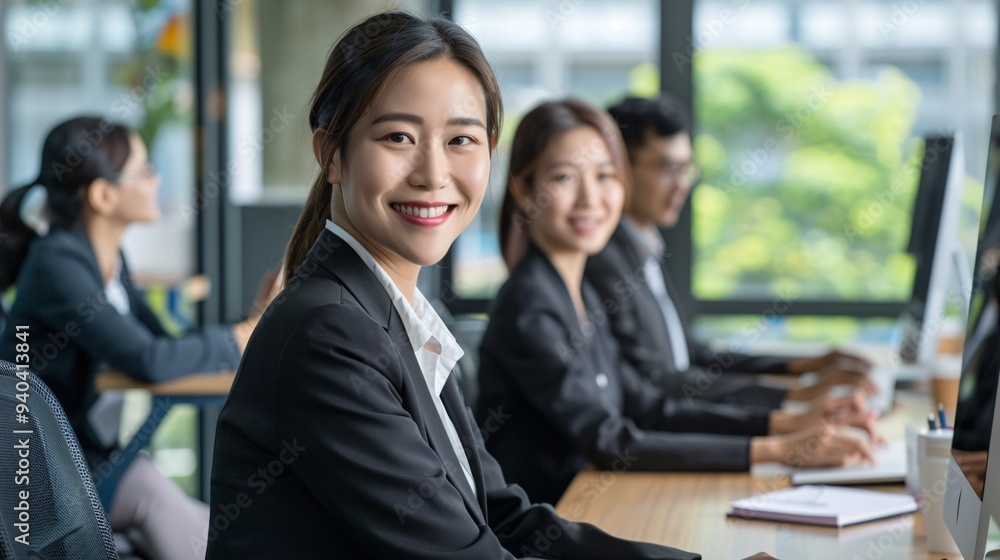 Business Asian woman and team members working together on a computer