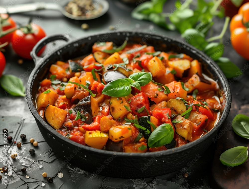 Close up of a vibrant Spanish vegetable stew with eggplant and zucchini, rustic style Close up of a vibrant Spanish vegetable stew with eggplant and zucchini, rustic style
