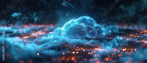 Futuristic Cloud Computing Network in Detailed 3D Hologram, Visualized in 8K Ultra HD Resolution