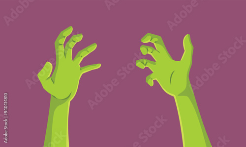 Vector Green Zombie Hands in Creepy Halloween Design. Isolated monster claws getting out of a grave on Halloween 
