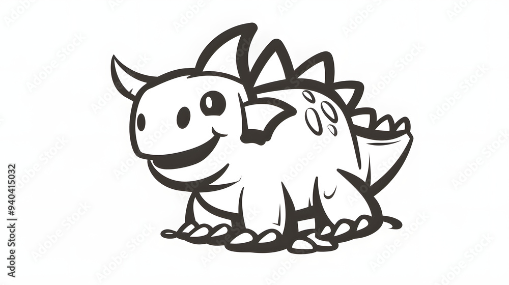 A playful black-and-white cartoon illustration of a happy dinosaur with spikes on its back, featuring a simple and adorable design perfect for children's artwork or educational materials. A playful black-and-white cartoon illustration of a happy dinosaur with spikes on its back, featuring a simple and adorable design perfect for children's artwork or educational materials.