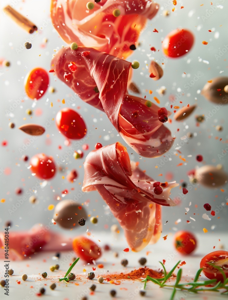 Flying Jamon Iberico in Dynamic Food Photography with Black Background Flying Jamon Iberico in Dynamic Food Photography with Black Background