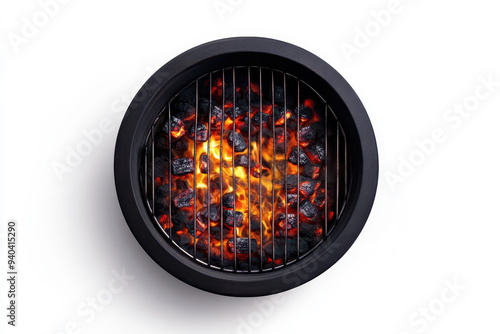 Closeup Of Grill With Fire And Charcoal. Hot empty barbecue BBQ grill with flaming fire and ember charcoal on black background.