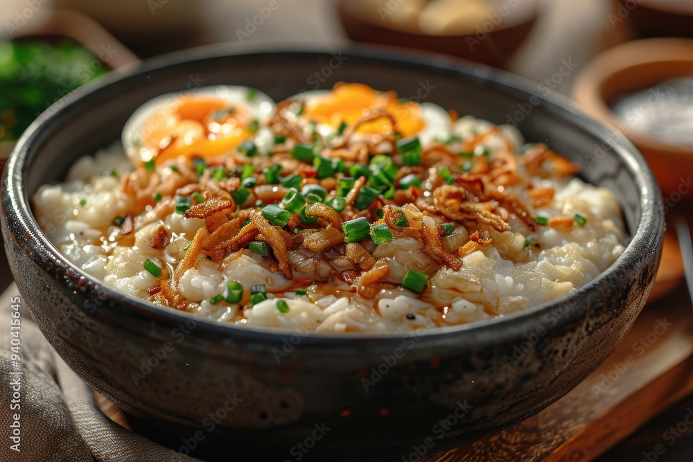 Closeup of a bowl of porridge topped with fried onions and scallions, with soft-boiled eggs and a rich sauce. Closeup of a bowl of porridge topped with fried onions and scallions, with soft-boiled eggs and a rich sauce.