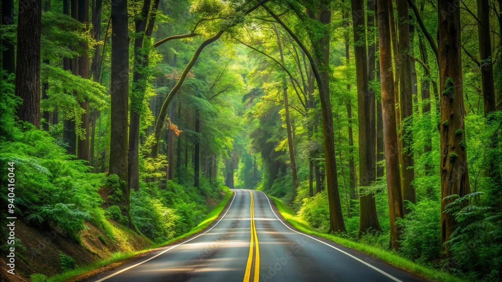 Scenic highway through lush forest with towering trees and vibrant greenery, scenic, highway, lush, forest, towering trees Scenic highway through lush forest with towering trees and vibrant greenery, scenic, highway, lush, forest, towering trees