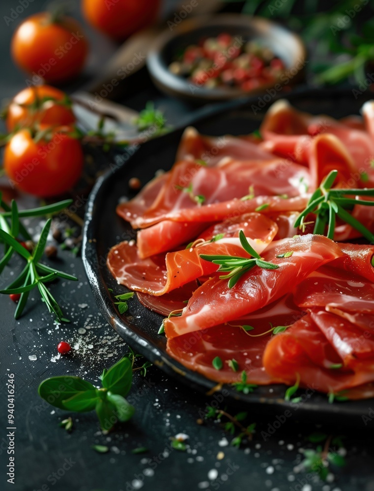 Sliced Jamon Iberico close up, gourmet Spanish cured meat photography Sliced Jamon Iberico close up, gourmet Spanish cured meat photography