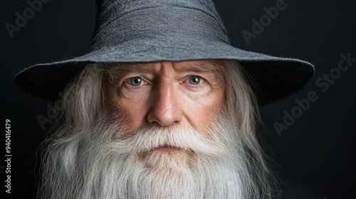 Close-up Portrait of a Senior Man with a Long White Beard and a Gray Hat