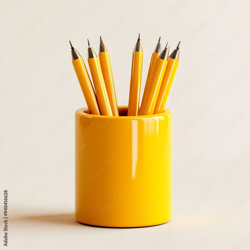 Minimalist Yellow Pen Holder Placed at the Center of a Light Background Ideal for Office Workspace Stationery and Business Related Imagery Minimalist Yellow Pen Holder Placed at the Center of a Light Background Ideal for Office Workspace Stationery and Business Related Imagery