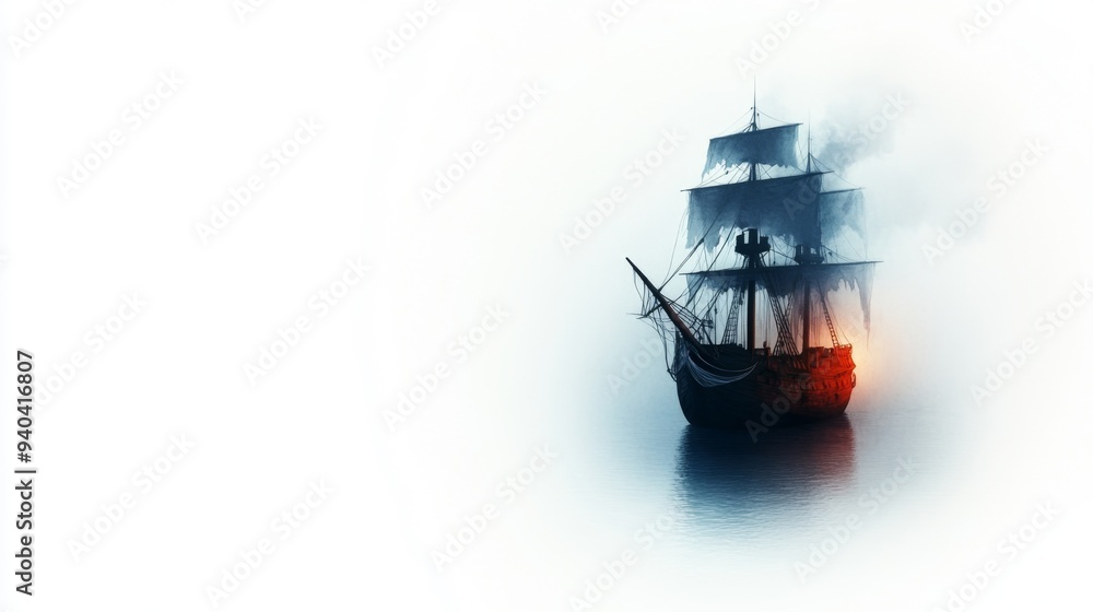Ghost Ship Sailing Through Fog at Sunset Ghost Ship Sailing Through Fog at Sunset