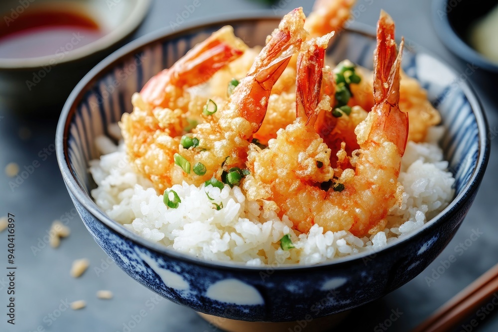 Deep-Fried Shrimp and White Rice Served in a Blue and White Bowl Deep-Fried Shrimp and White Rice Served in a Blue and White Bowl