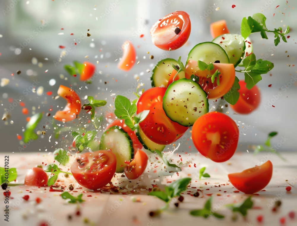 Highspeed capture of gazpacho with flying ingredients and dark background Highspeed capture of gazpacho with flying ingredients and dark background