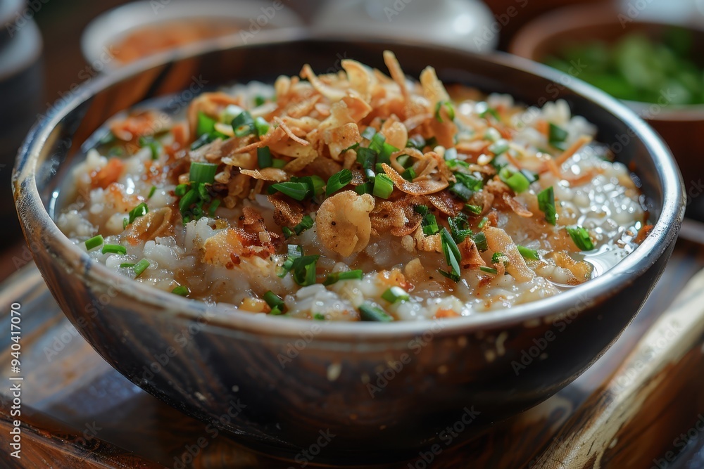 Close Up of a Bowl of Rice Porridge with Crispy Fried Onions and Green Onions Close Up of a Bowl of Rice Porridge with Crispy Fried Onions and Green Onions