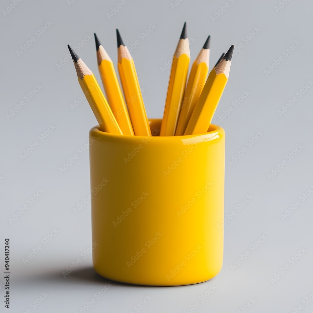 A close up photograph of a yellow pencil cup placed at the center of a plain surface isolated against a simple background A close up photograph of a yellow pencil cup placed at the center of a plain surface isolated against a simple background