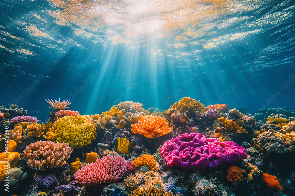 Naklejka premium Underwater view of a coral reef in a calm ocean