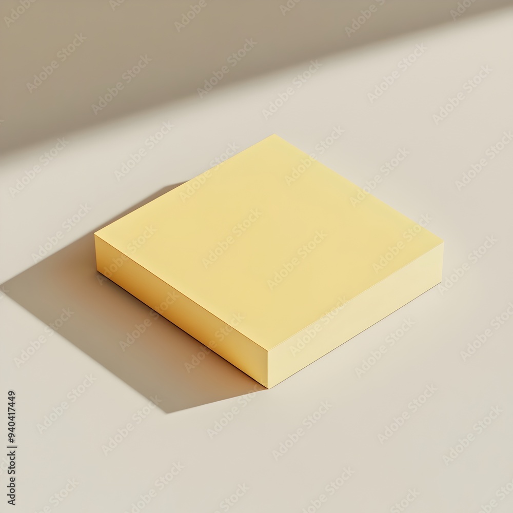 Overhead photograph showing a yellow sticky note holder lying flat at the center of a light colored surface The simple Overhead photograph showing a yellow sticky note holder lying flat at the center of a light colored surface The simple