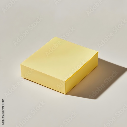 Overhead photograph showcasing a simple and elegant yellow sticky note holder lying flat on a light colored minimalist surface