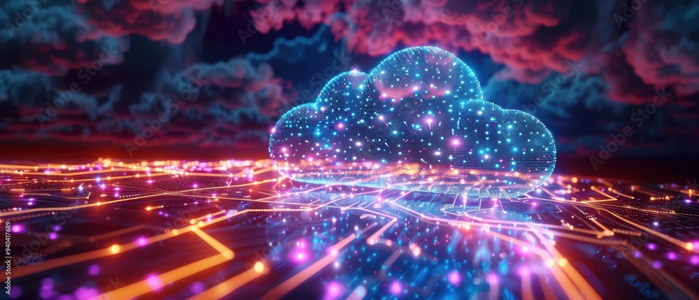 Obraz premium Futuristic Digital Cloud Computing Network Hologram in Stunning Quality