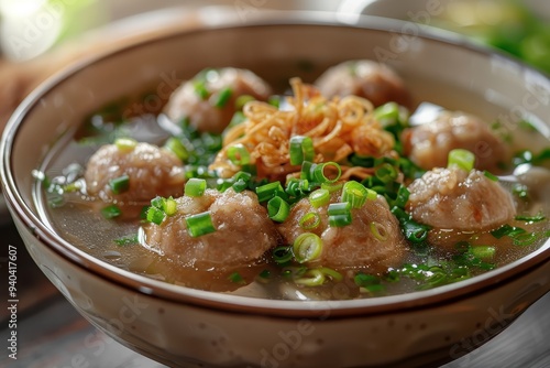 Close Up of a Bowl of Meatball Soup with Green Onions and Fried Onion Strings