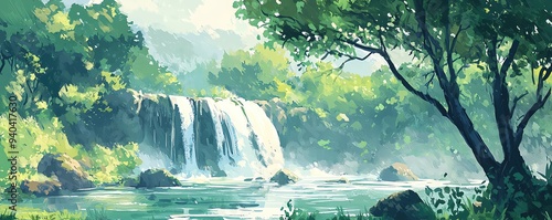 Waterfall cascading through lush green forest, nature scene