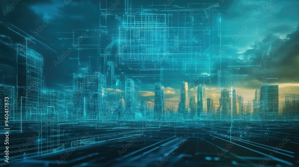 Futuristic cityscape with digital blueprints overlay Futuristic cityscape with digital blueprints overlay
