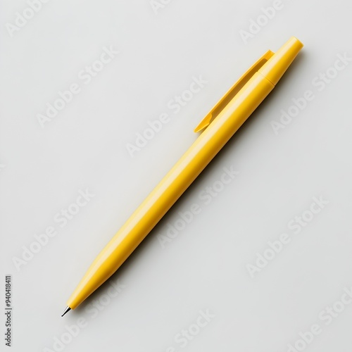 A photograph showcasing a yellow pen holder lying flat at the center of a light colored surface creating a minimalist and elegant flat lay design for office or workspace presentation