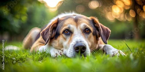 Sad, dirty dog lying on grass for World Homeless Animals Day , homeless, animals, stray, alone, abandoned, neglected